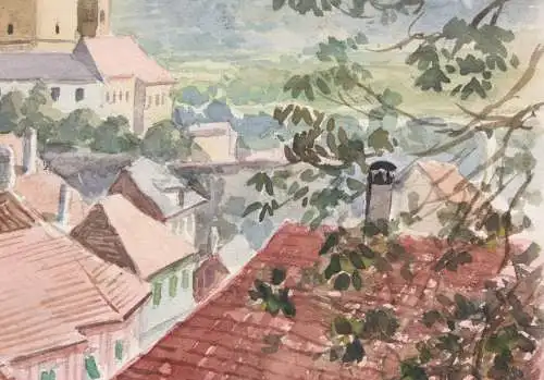 A. K. Khom, signiertes Aquarell, "Weissenkirchen (Wachau)", Österreich 20. Jh.