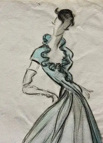 Teddy Rossi-Turai, monogrammiertes Aquarell Entwurf für ein elegantes Abendkleid