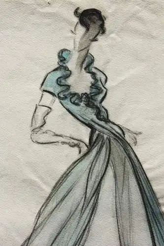 Teddy Rossi-Turai, monogrammiertes Aquarell Entwurf für ein elegantes Abendkleid