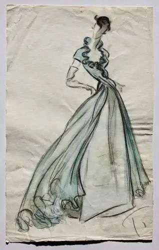 Teddy Rossi-Turai, monogrammiertes Aquarell Entwurf für ein elegantes Abendkleid