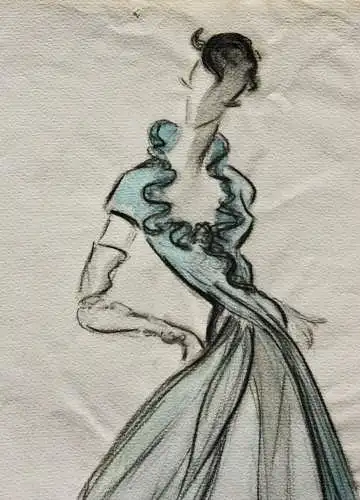 Teddy Rossi-Turai, monogrammiertes Aquarell Entwurf für ein elegantes Abendkleid