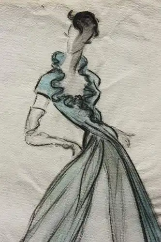 Teddy Rossi-Turai, monogrammiertes Aquarell Entwurf für ein elegantes Abendkleid