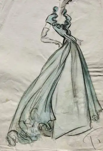 Teddy Rossi-Turai, monogrammiertes Aquarell Entwurf für ein elegantes Abendkleid