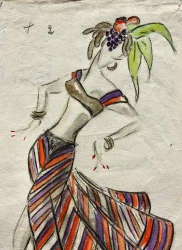 Teddy Rossi-Turai, monogrammiertes Aquarell, Entwurf für Revuetänzerinnen-Kostüm