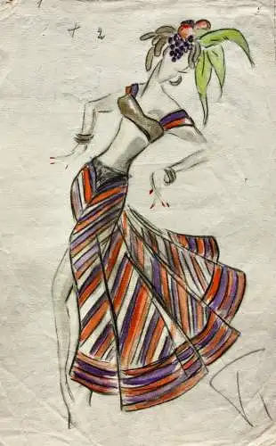 Teddy Rossi-Turai, monogrammiertes Aquarell, Entwurf für Revuetänzerinnen-Kostüm