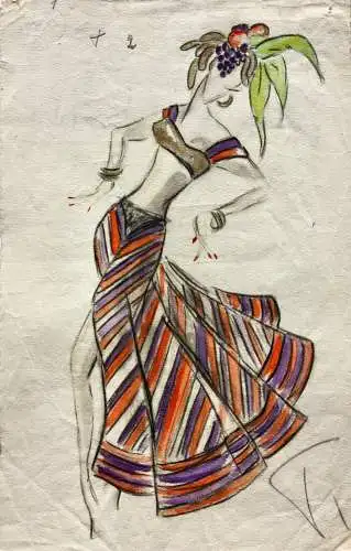 Teddy Rossi-Turai, monogrammiertes Aquarell, Entwurf für Revuetänzerinnen-Kostüm