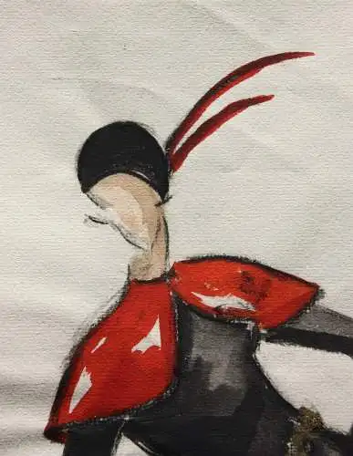 Teddy Rossi-Turai, monogrammiertes Aquarell, Entwurf für schwarz-rotes Kostüm