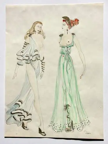 Entwurf für zwei erotische Negligées, Aquarell, monogrammiert "Jo", 1950/60