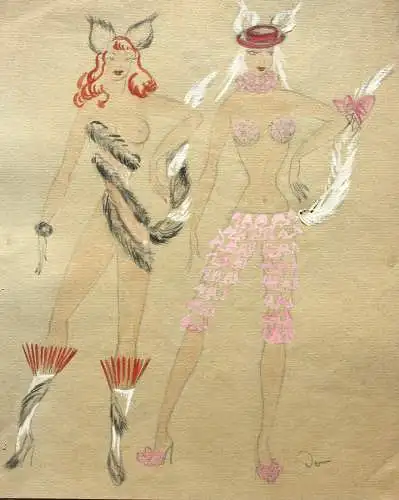 Entwurf für zwei erotische Revue-Kostüme, Aquarell, monogrammiert "Jo", 1950/60