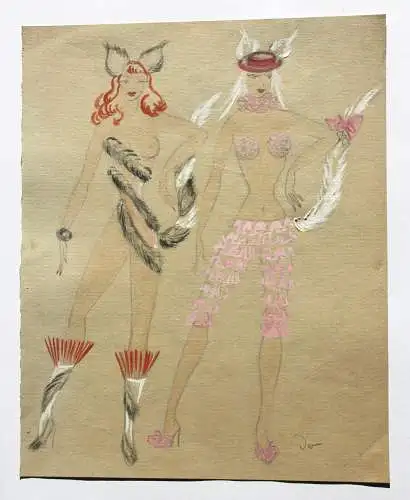 Entwurf für zwei erotische Revue-Kostüme, Aquarell, monogrammiert "Jo", 1950/60