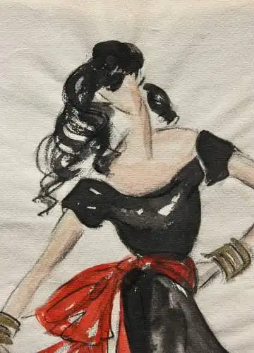 Teddy Rossi-Turai, monogrammiertes Aquarell, Entwurf für schwarz-rotes Kleid