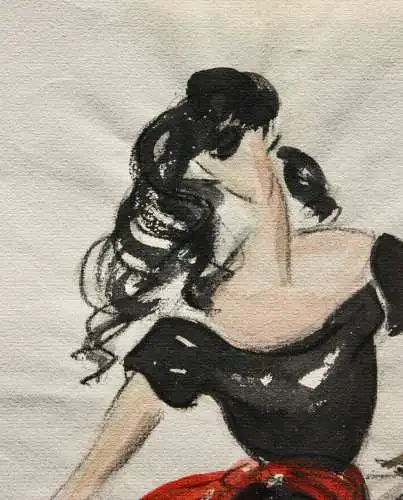 Teddy Rossi-Turai, monogrammiertes Aquarell, Entwurf für schwarz-rotes Kleid