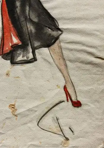 Teddy Rossi-Turai, monogrammiertes Aquarell, Entwurf für schwarz-rotes Kleid