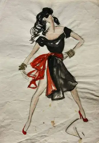 Teddy Rossi-Turai, monogrammiertes Aquarell, Entwurf für schwarz-rotes Kleid
