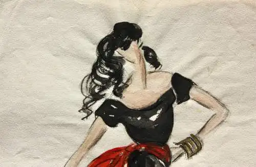 Teddy Rossi-Turai, monogrammiertes Aquarell, Entwurf für schwarz-rotes Kleid