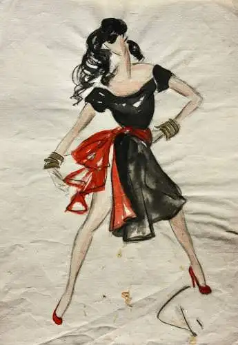 Teddy Rossi-Turai, monogrammiertes Aquarell, Entwurf für schwarz-rotes Kleid