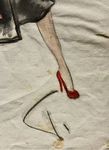 Teddy Rossi-Turai, monogrammiertes Aquarell, Entwurf für schwarz-rotes Kleid