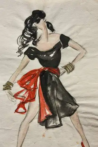 Teddy Rossi-Turai, monogrammiertes Aquarell, Entwurf für schwarz-rotes Kleid