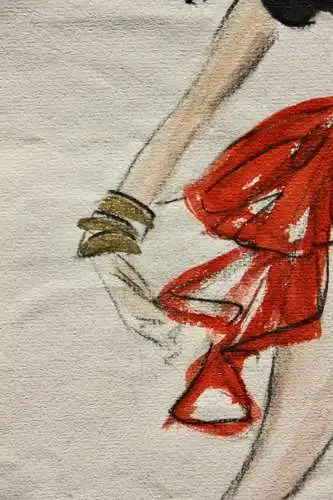 Teddy Rossi-Turai, monogrammiertes Aquarell, Entwurf für schwarz-rotes Kleid