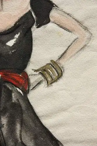 Teddy Rossi-Turai, monogrammiertes Aquarell, Entwurf für schwarz-rotes Kleid