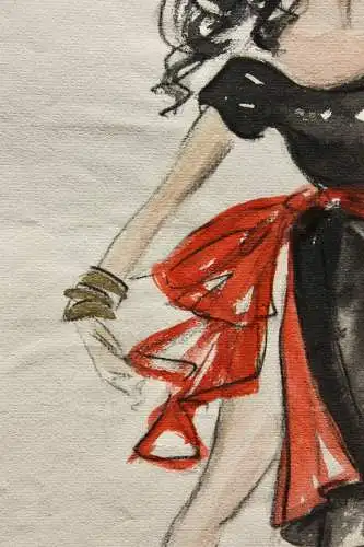 Teddy Rossi-Turai, monogrammiertes Aquarell, Entwurf für schwarz-rotes Kleid