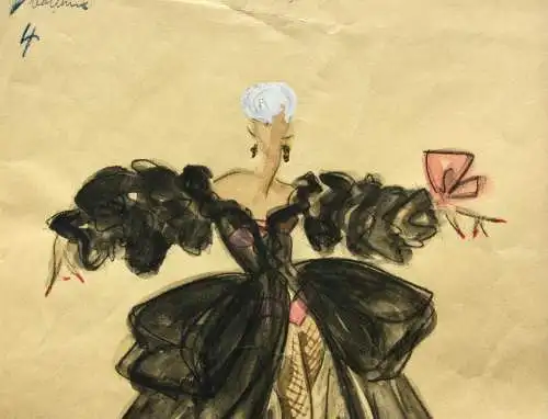 Teddy Rossi-Turai, monogrammiertes Aquarell, Entwurf für schwarzes Revue-Kostüm