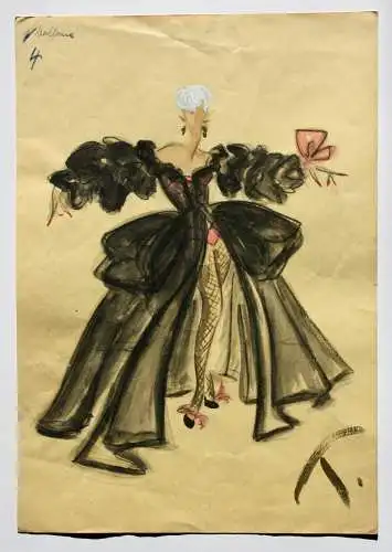 Teddy Rossi-Turai, monogrammiertes Aquarell, Entwurf für schwarzes Revue-Kostüm