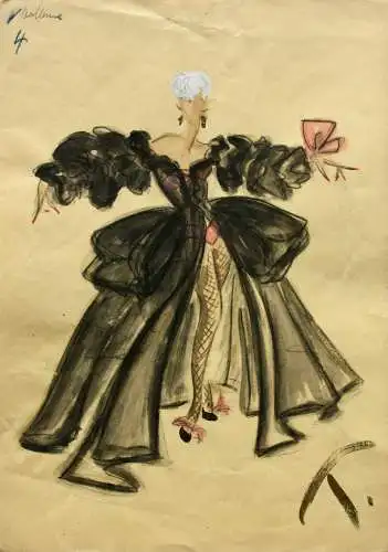 Teddy Rossi-Turai, monogrammiertes Aquarell, Entwurf für schwarzes Revue-Kostüm