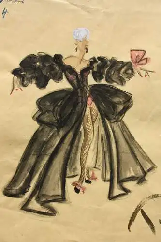 Teddy Rossi-Turai, monogrammiertes Aquarell, Entwurf für schwarzes Revue-Kostüm