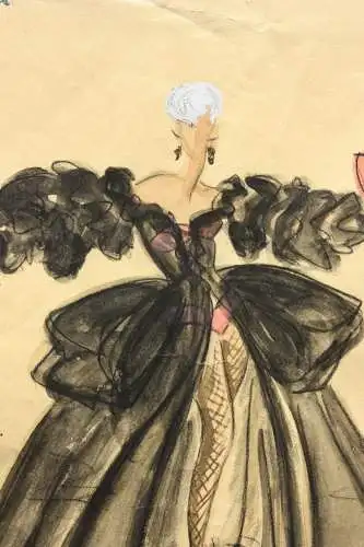 Teddy Rossi-Turai, monogrammiertes Aquarell, Entwurf für schwarzes Revue-Kostüm