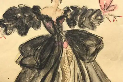Teddy Rossi-Turai, monogrammiertes Aquarell, Entwurf für schwarzes Revue-Kostüm