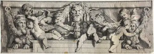 Ornamentfries mit Putti, Sphingen & Satyr-Maskaron, Kupferstich nach L. Testelin