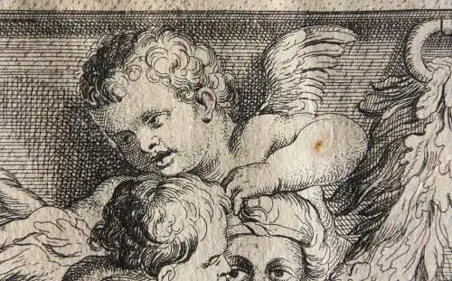 Ornamentfries mit Putti, Sphingen & Satyr-Maskaron, Kupferstich nach L. Testelin