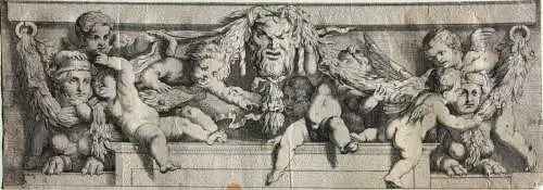 Ornamentfries mit Putti, Sphingen & Satyr-Maskaron, Kupferstich nach L. Testelin