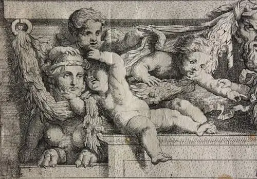 Ornamentfries mit Putti, Sphingen & Satyr-Maskaron, Kupferstich nach L. Testelin