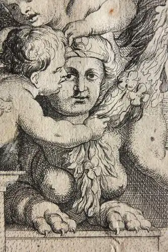 Ornamentfries mit Putti, Sphingen & Satyr-Maskaron, Kupferstich nach L. Testelin