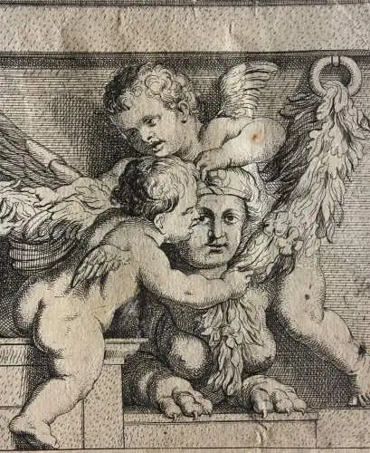 Ornamentfries mit Putti, Sphingen & Satyr-Maskaron, Kupferstich nach L. Testelin