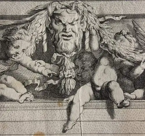 Ornamentfries mit Putti, Sphingen & Satyr-Maskaron, Kupferstich nach L. Testelin