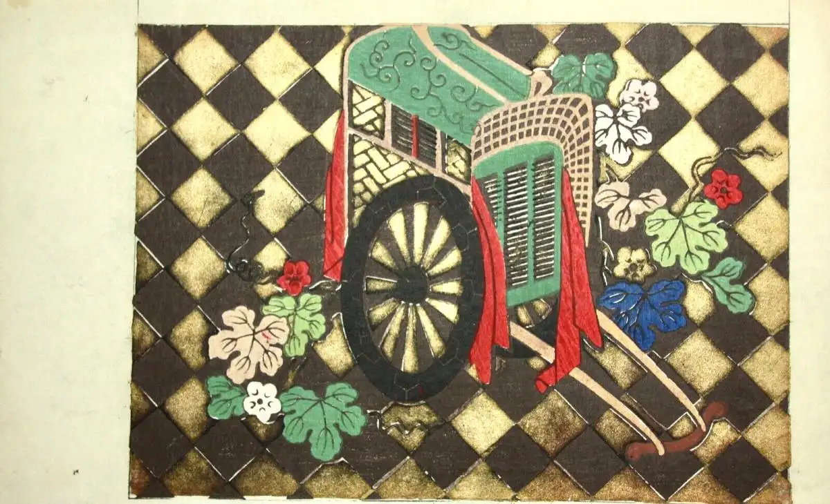 Anonymer japanischer Künstler, Ochsenkarren, Blumen, Farbholzschnitt, Ehon-Seite 1