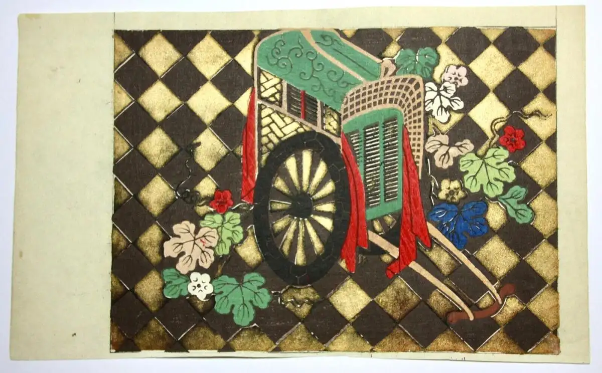 Anonymer japanischer Künstler, Ochsenkarren, Blumen, Farbholzschnitt, Ehon-Seite 9