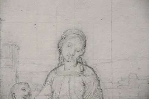 Madonna mit Kind mit Joseph vor seiner Schreinerei, Zeichnung, Nazarener 19. Jh.