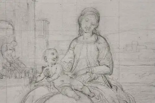 Madonna mit Kind mit Joseph vor seiner Schreinerei, Zeichnung, Nazarener 19. Jh.