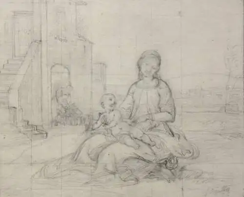 Madonna mit Kind mit Joseph vor seiner Schreinerei, Zeichnung, Nazarener 19. Jh.