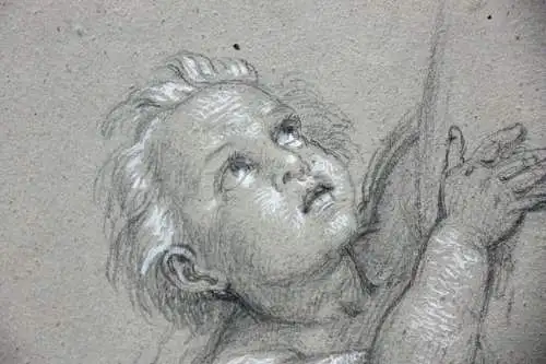 Stehender Putto mit erhobenen Armen, Bleistiftzeichnung, weiß gehöht, 19. Jh.