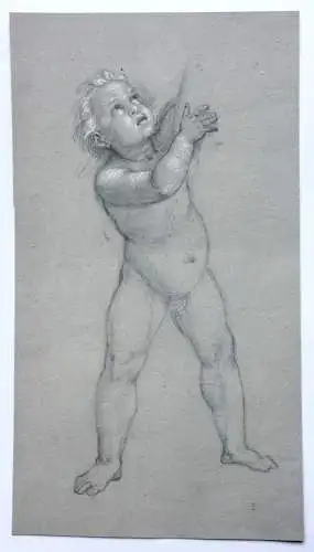 Stehender Putto mit erhobenen Armen, Bleistiftzeichnung, weiß gehöht, 19. Jh.