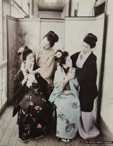 T. Fukasawa, handkolorierter Vintage Albuminabzug, vier Geishas, Japan 1860-1890