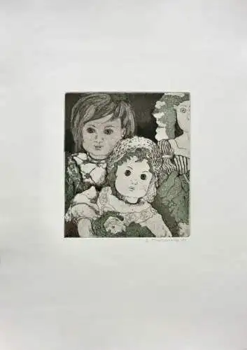 Anneke Pinckernelle (geb. 1928), signierte Farbradierung, "Puppen", 1981