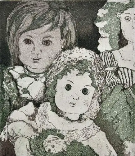 Anneke Pinckernelle (geb. 1928), signierte Farbradierung, "Puppen", 1981