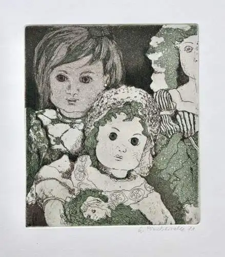 Anneke Pinckernelle (geb. 1928), signierte Farbradierung, "Puppen", 1981