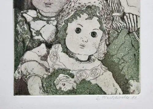 Anneke Pinckernelle (geb. 1928), signierte Farbradierung, "Puppen", 1981